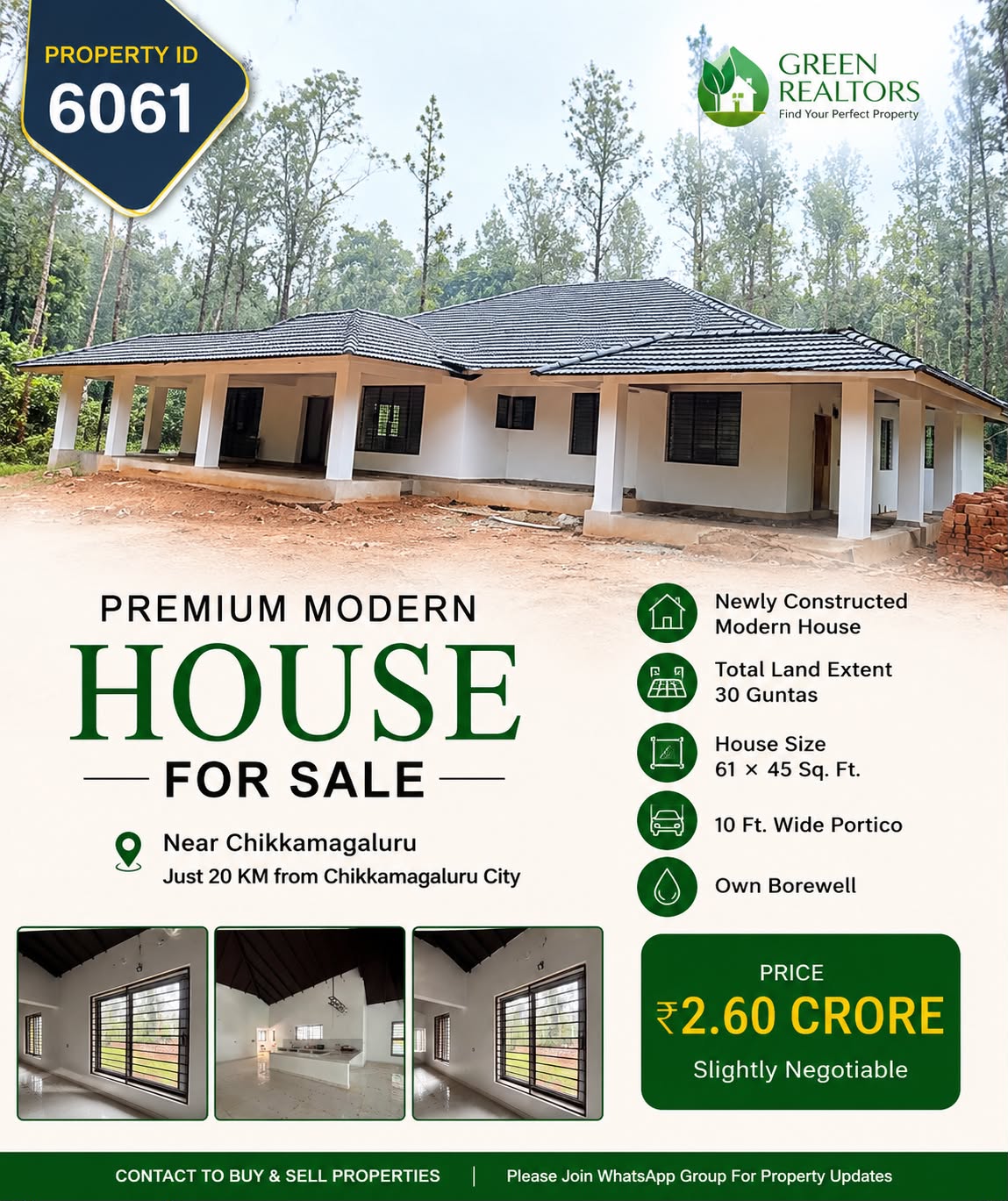 🆔 *PROPERTY ID – 6061* 🏡🌿 *Premium Modern House with 30 Guntas Land for Sale – Near Chikkamagaluru*